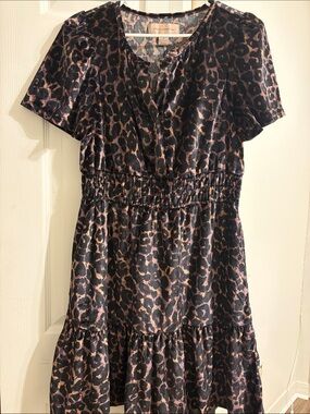 French Connection Leopard Print Short-Sleeve Tiered Dress in Black & Brown NWOT